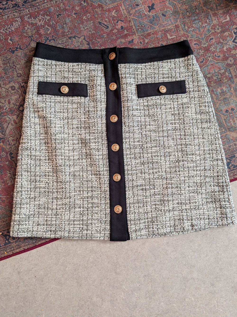 Cleo Black-Trim Tweed Mini Skirt with Gold Buttons